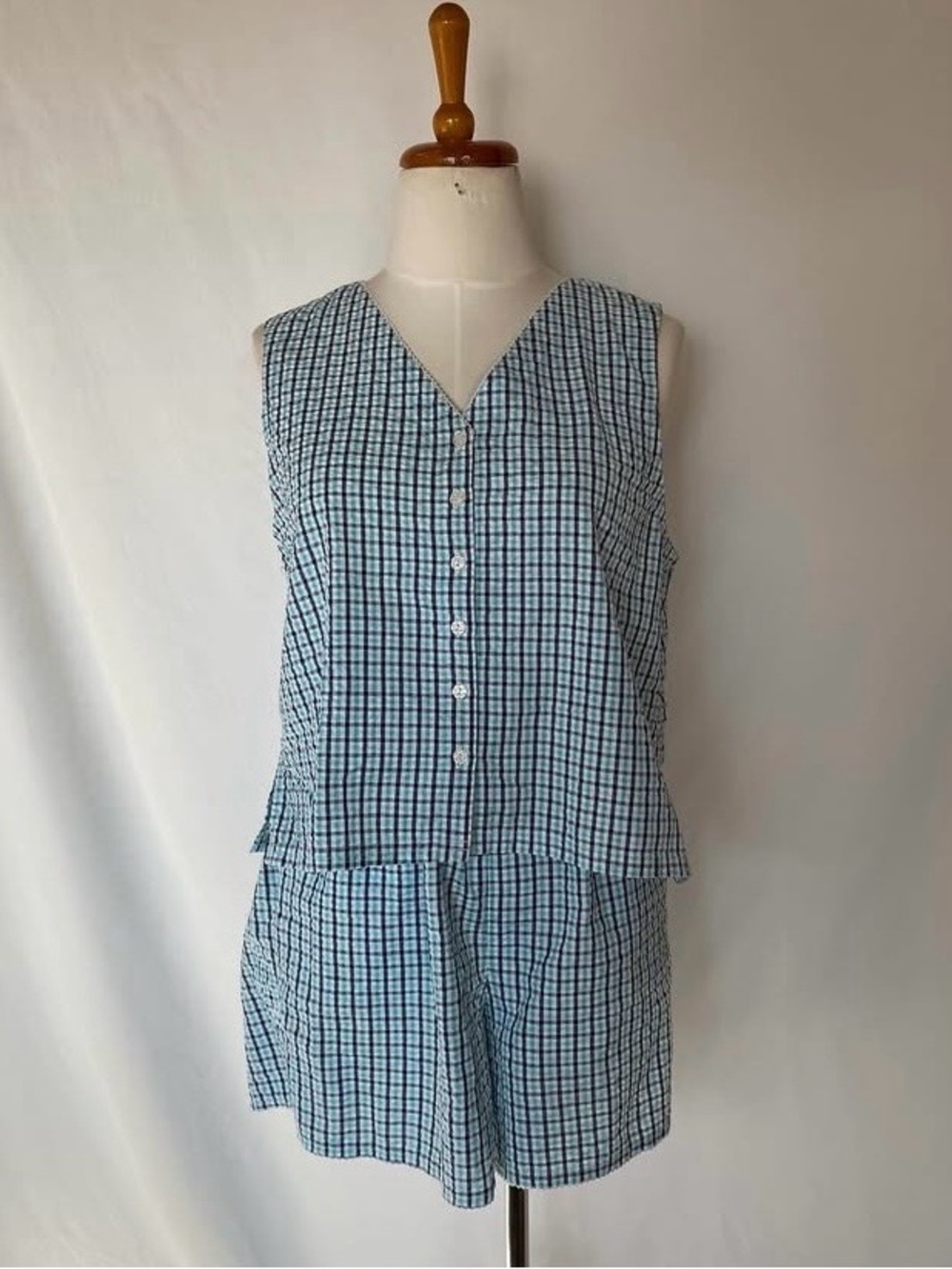 Vintage Sleeveless Blue Plaid Button-Front Two-Piece Pyjama Set